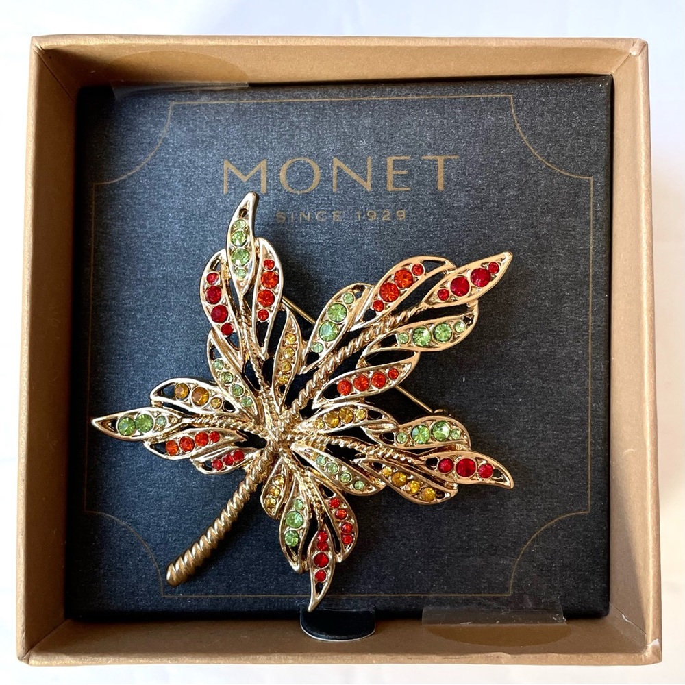 Monet Rhinestone Maple Leaf Pin Broach NWT